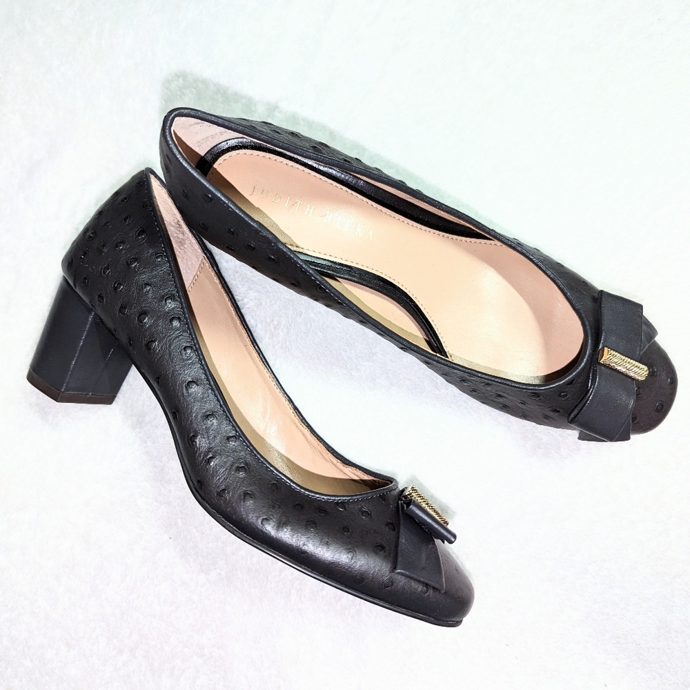 Womens Judith Ripka Olivia 8M heels shoes closed toe bow ostrich leather pumps